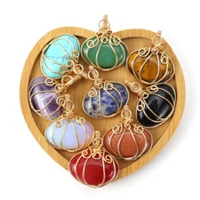 Halloween Copper Wire Wrapped Crystal Pumpkin Necklace Pendant Autumn Jewelry