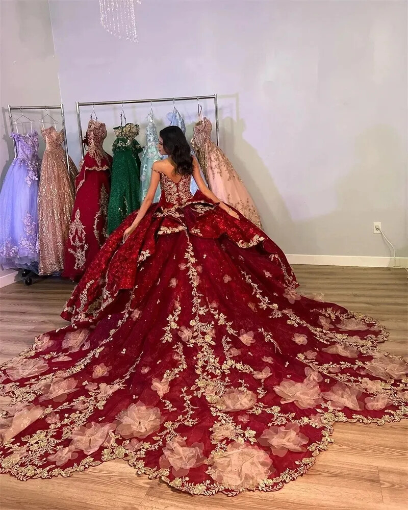 open lace back dress Honey Couture GLORIA Red Gold Glitter Infused Formal Ball Gown main image 1