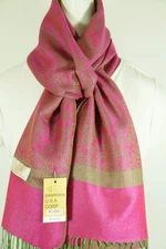 Women's Pashmina Scarf Shawl-Paisley Green/Hot Pink~Cashmere Silk~Soft-027
