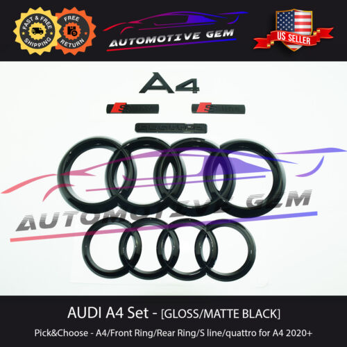 AUDI A4 Emblem GLOSS BLACK Grille Ring Trunk Ring Quattro S Line Set Sedan 2020+ - Picture 1 of 2