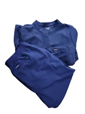 Jaanuu men's full scrub set navy blue size 2X button drawstring stretch pockets