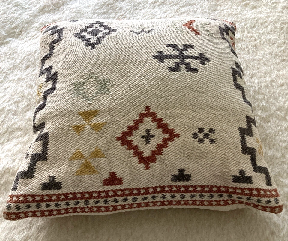 Indian Woven Needlepoint Cotton Throw Pillow 18" x 18" Home Decor Cushion Pillow - Image 3 of 4