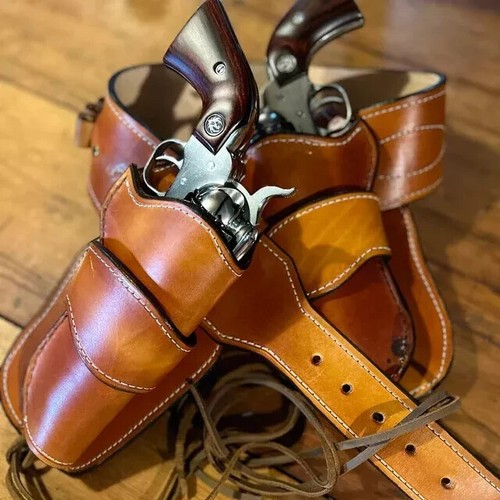 WESTERN LEATHER HOLSTER GUN BELT 44 / 45 BROWN RIGHT HAND COWBOY REVOLVER PISTOL - Picture 5 of 5
