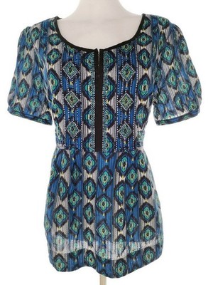 MONSOON Damen Knopf Halsbluse Gr. 42 Blau Baumwolle 100% Kurzer Ärmel Knöpfe