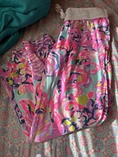 Lilly Pulitzer Wide-Leg Lounge Pants Knit Cotton Floral Drawstring Tasseled Pink