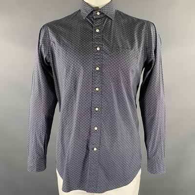 Sid Mashburn Größe L Navy Weiße Gesprenkelte Baumwolle Button-Up Langarmhemd
