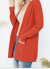 V-RU BRUSHED WAFFLE LONG SLEEVE SIDE POCKET OPEN FRONT CARDIGAN RUST SMALL