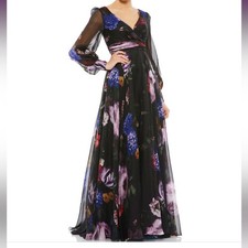 Mac Duggal Black Floral Print Chiffon Long Sleeve Maxi Dress 67872 Women’s Sz 6