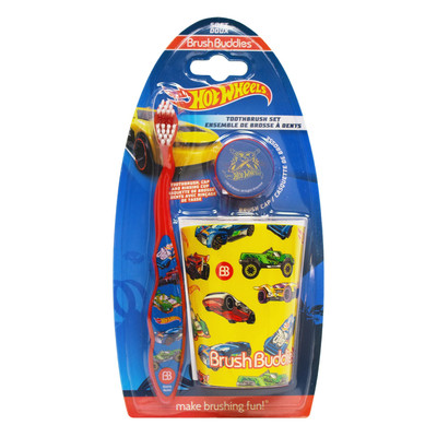 Hot Wheels Toothbrush Set 3 Piece Soft Bristle Toothbrush Travel Cup Cover