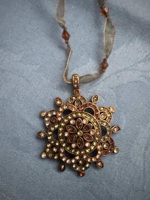 Vintage Signed MONET Medallion Necklace Boho Ribbon Chandelier Autumn Crystals