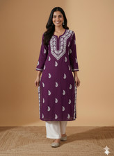 Lucknowi Rayon Chikankari Wine Kurta  Cotton Kurti for Women  Size 38-56