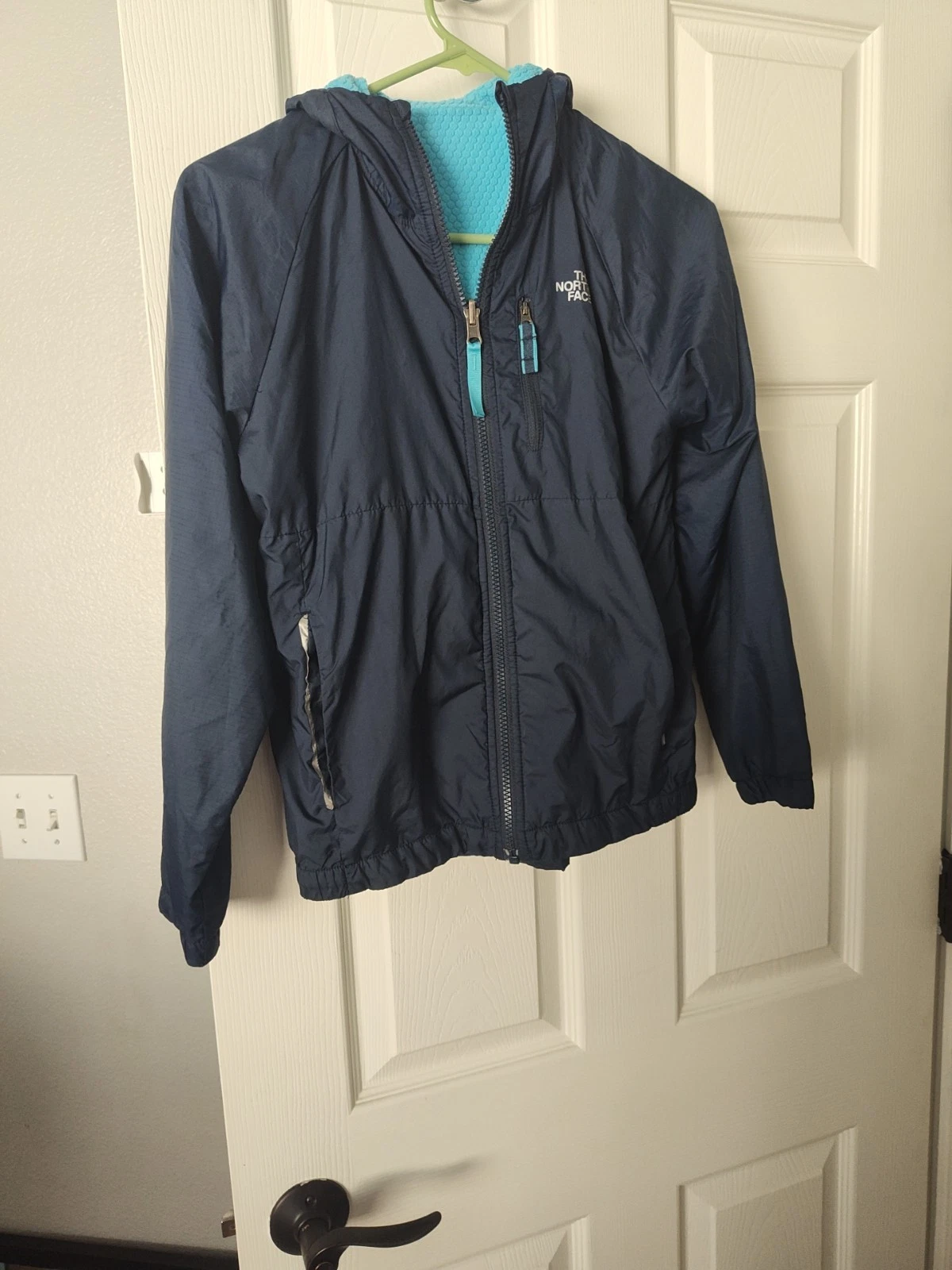 The North Face Boys Medium (10-12) Blue Zip Hooded Jacket Lightweight Reversible
