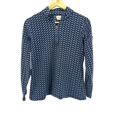 LL Bean Womens Fleece Quarter Zip Pullover Navy White Geometric Pattern Top