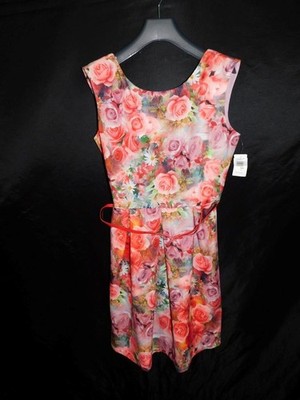 Neiman Marcus L NWT Pink Floral Rose Sleeveless Dress Fit Flare Belted Shift NEW
