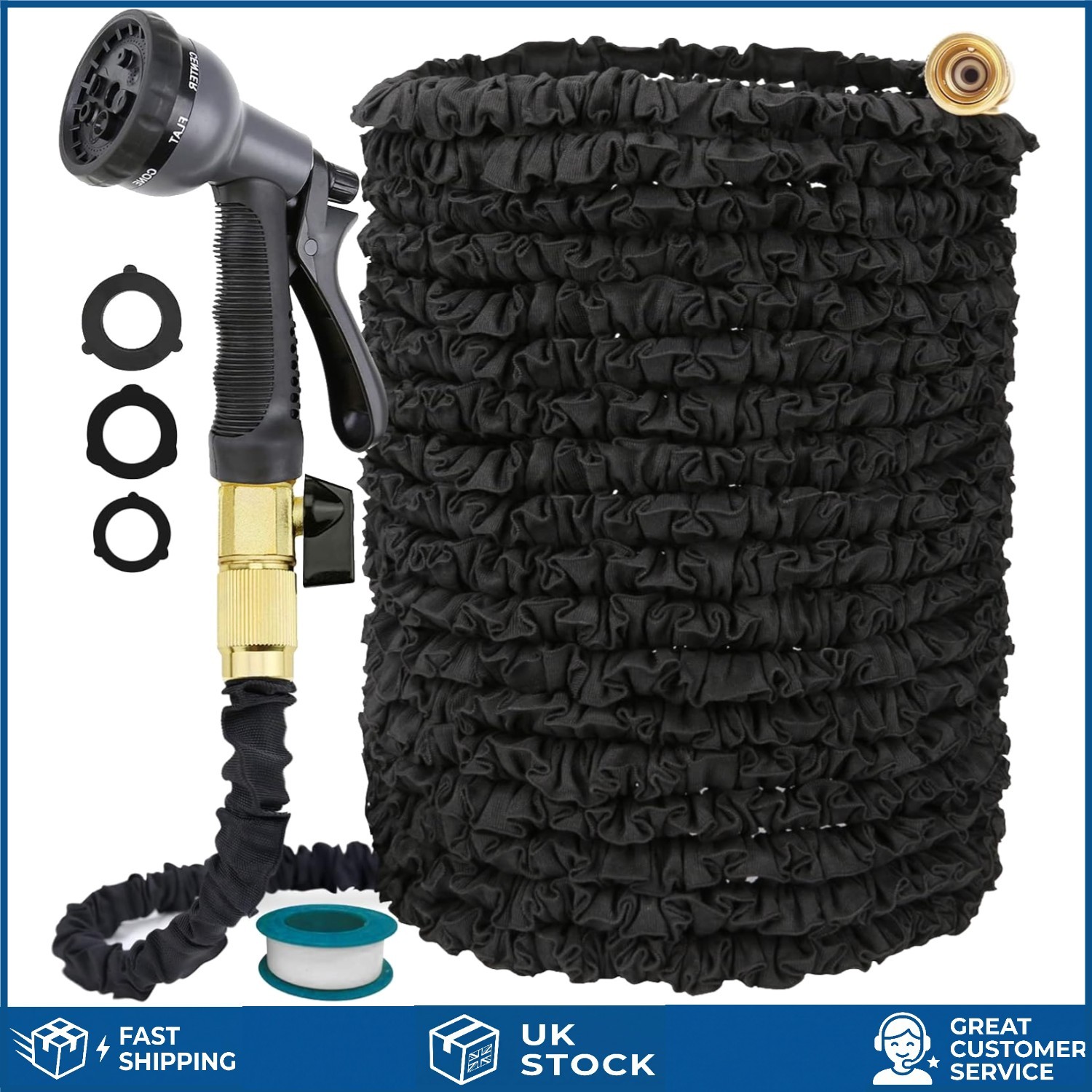 Flexible Expandable Garden Hose Pipe with 8 Pattern Spray Nozzle 30m 100ft 1pk