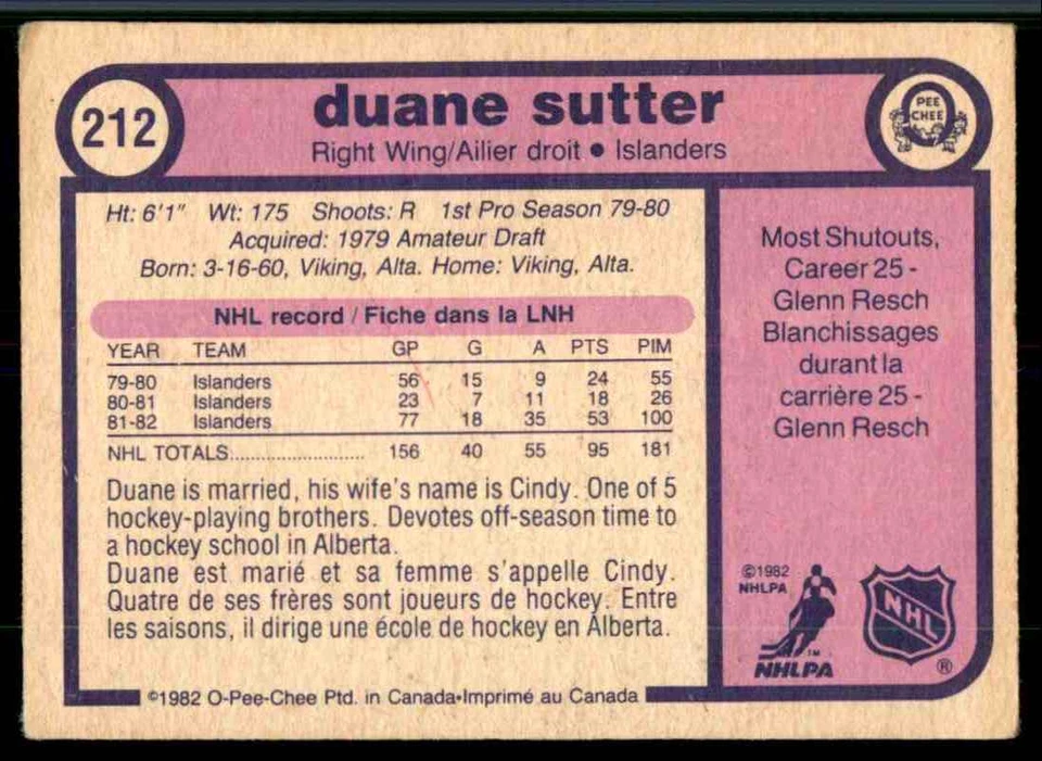 1982-83 O-Pee-Chee Duane Sutter #212 - Image 2 of 2