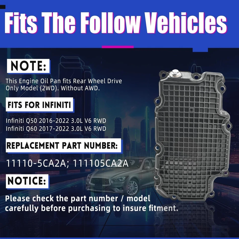Panela de óleo 11110-5CA2A para Nissan Infiniti Q50 V37 2016-2022 Q60 CV37 17-21 RWD - Imagem 2 de 4