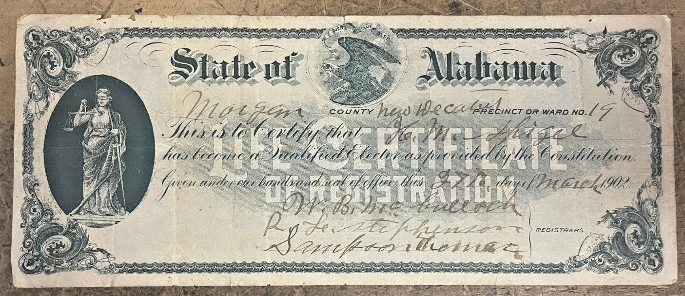 Alabama Life Certificate Of (Voter) Registration (Morgan Cty/Cherokee Terr) 1902