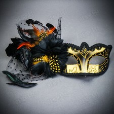 Venetian Black Side Feather Gold Glitter Women Eyes Mask  Masquerade Prom Party
