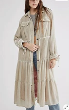 Free People Bella Donna Velvet Duster Tiered Silky Print Lining Gray Stone S NWT
