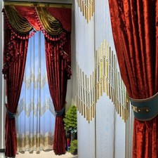 luxury European Velvet window red cloth curtain lace bedroom valance tulle M1703