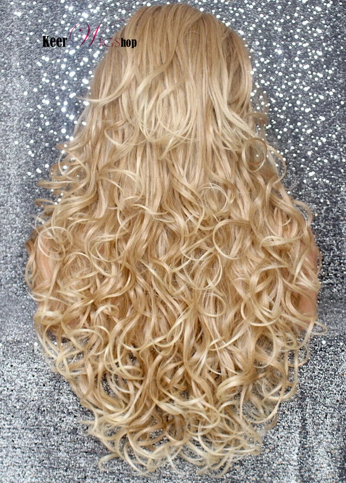 Peluca Mezcla Cabello Humano Calor OK Rizada Larga Rubia Mezcla Golpes En Capas 27-613 Natural Foto 3 de 4