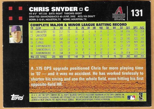 Chris Snyder Arizona Diamondbacks #131 - Topps Casi Nuevo-Nuevo Nuevo 2007 - Imagen 2 de 2