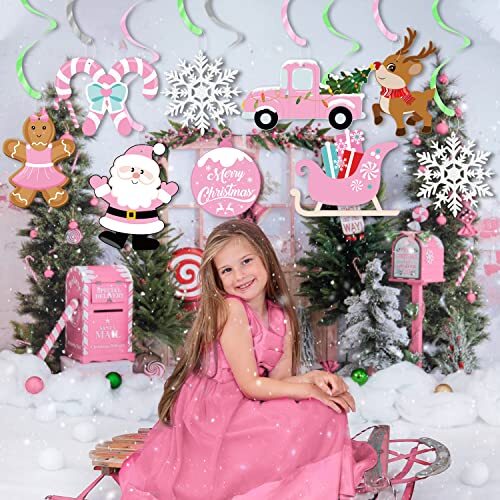 Christmas Party Decorations,Pink Cute Christmas Theme Party Hanging Swirls - Picture 6 of 7