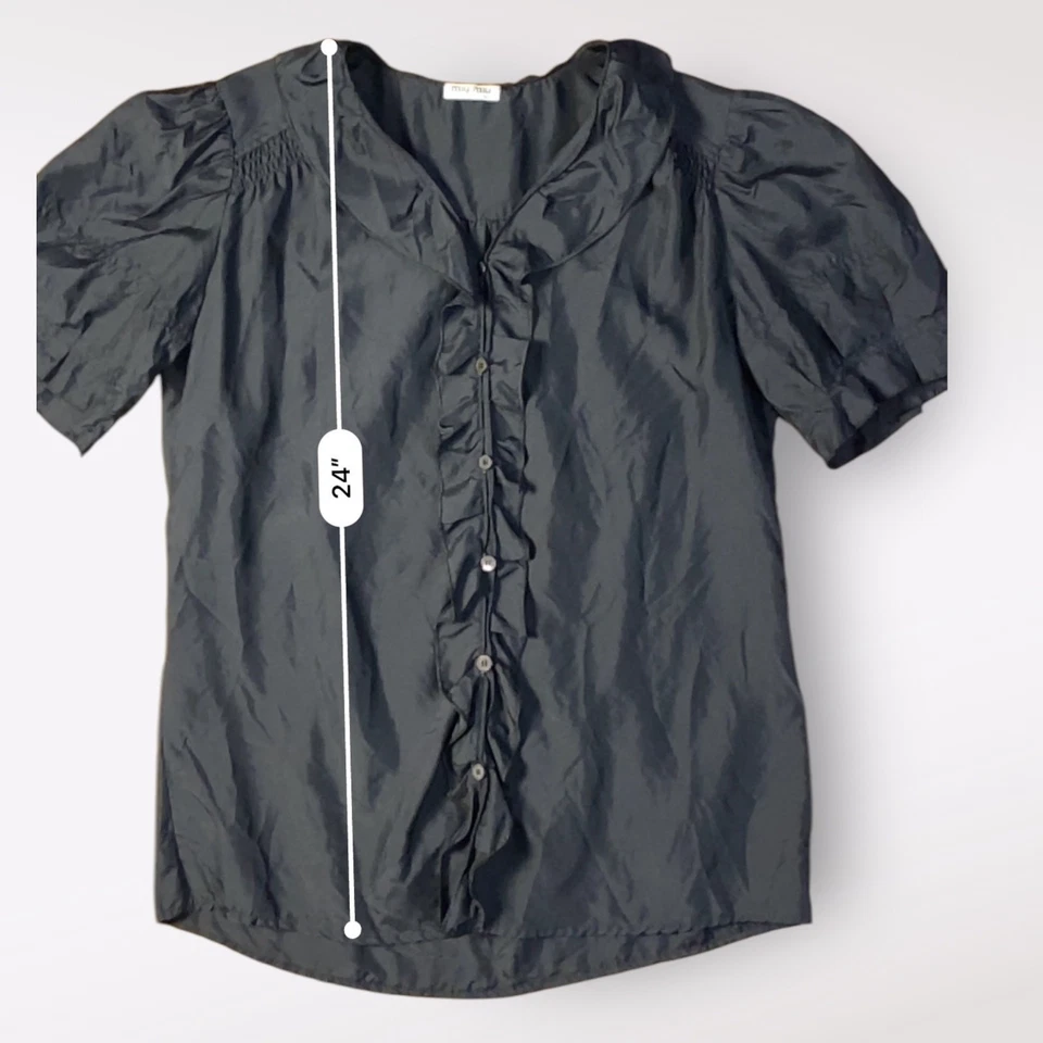 Top Miu Miu Vintage Y2K Negro Seda Manga Abullonada Volantes Talla EU 42 Muñeca Gótica Foto 4 de 4