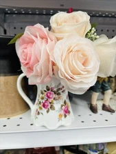 Pink and White Vintage Vase with Handle, Chinoiserie Floral Pitcher Vase, Ru...