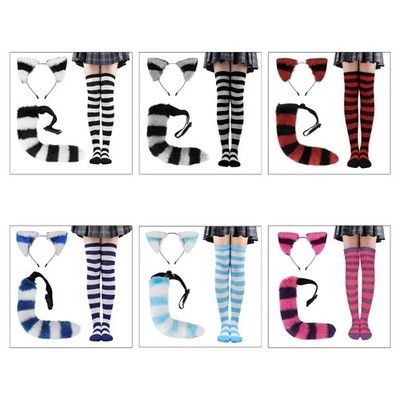 Cat-Ear Headband with Cat-Tail Stockings Halloween Cosplay-Costume Party Décor