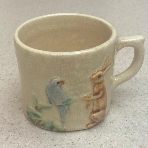 Vintage  Weller Zone Pottery   Children's   3" High  Cup    Blue Bird and Rabbit