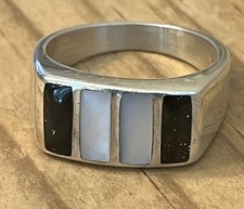 Size 9 Mother Of Pearl Black Onyx Inlay Sterling Silver Band Ring 925 Vintage