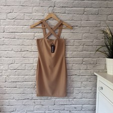 Camel Beige Criss Cross Strappy Ribbed Mini Body Con Dress Size Uk 8 - PLT