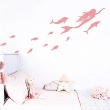 Mermaid Wall Decals, Fish Wall Stickers, Nautical Sea Ocean Dolphin Decal, Vi...