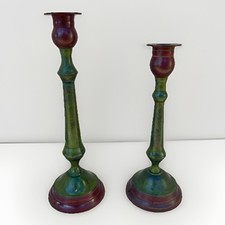 Moody Green Verdigris Cast Metal Candlestick Holder Pair Revival Decor