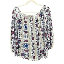 Lucky Brand Peasant Blouse Womens Small White Blue Lace Country Oversized