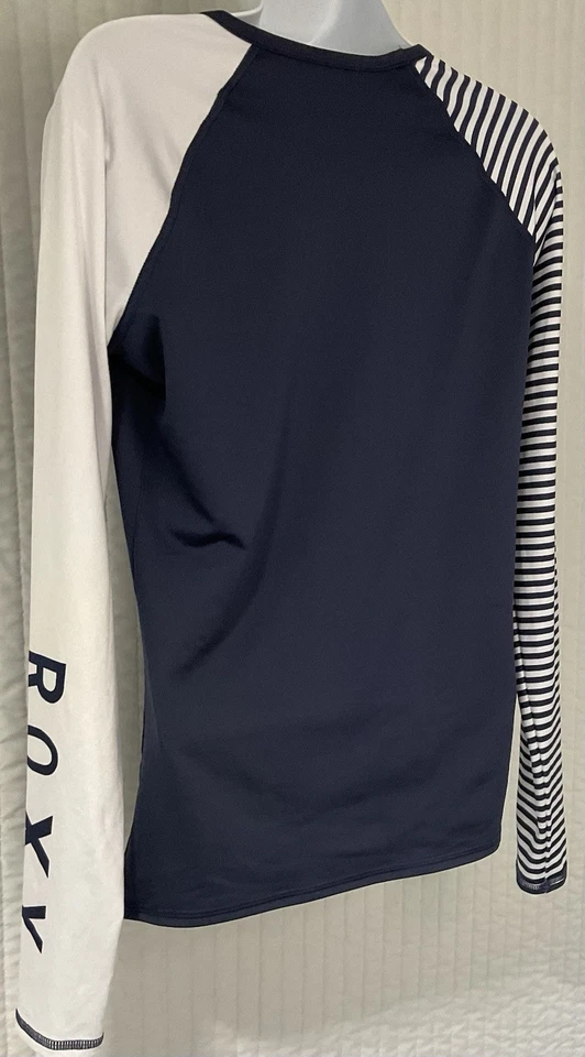 Mujer Roxy Manga Larga Rashguard Camisa de Natación Azul Marino Blanco Rayas Surf Top Talla L Foto 4 de 4
