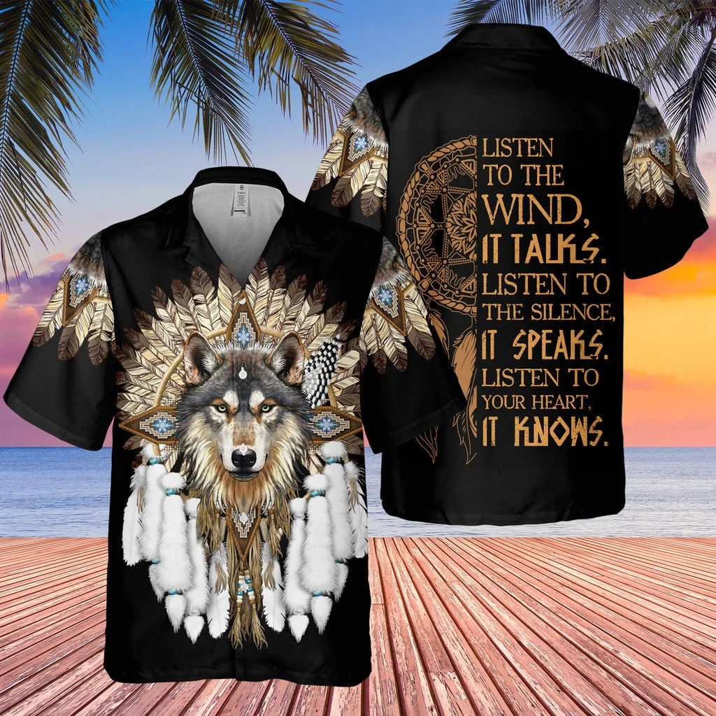 Native American Wolf Feather Headdress Hawaiian Shirt Aloha Shirt Short Sleeve