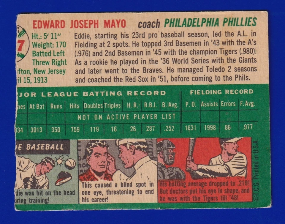EDDIE MAYO phillies 1954 TOPPS #247 TRIMMED  - Image 2 of 2