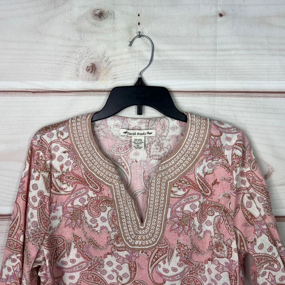 David Brooks Top Womens XL Pink Linen Blend Tunic Blouse Embroidered 3/4 Sleeve - Image 2 of 4