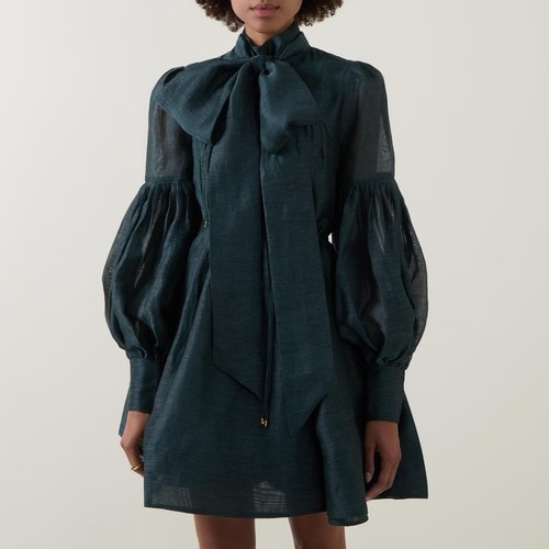 NWT Zimmermann PAVILION TIE NECK MINI Green Long Sleeve Mock Neck Dress Size 0