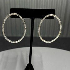 Rhinestone Oval Hoop Earrings Women Large Silver Tone Statement Sparkle Jewelry