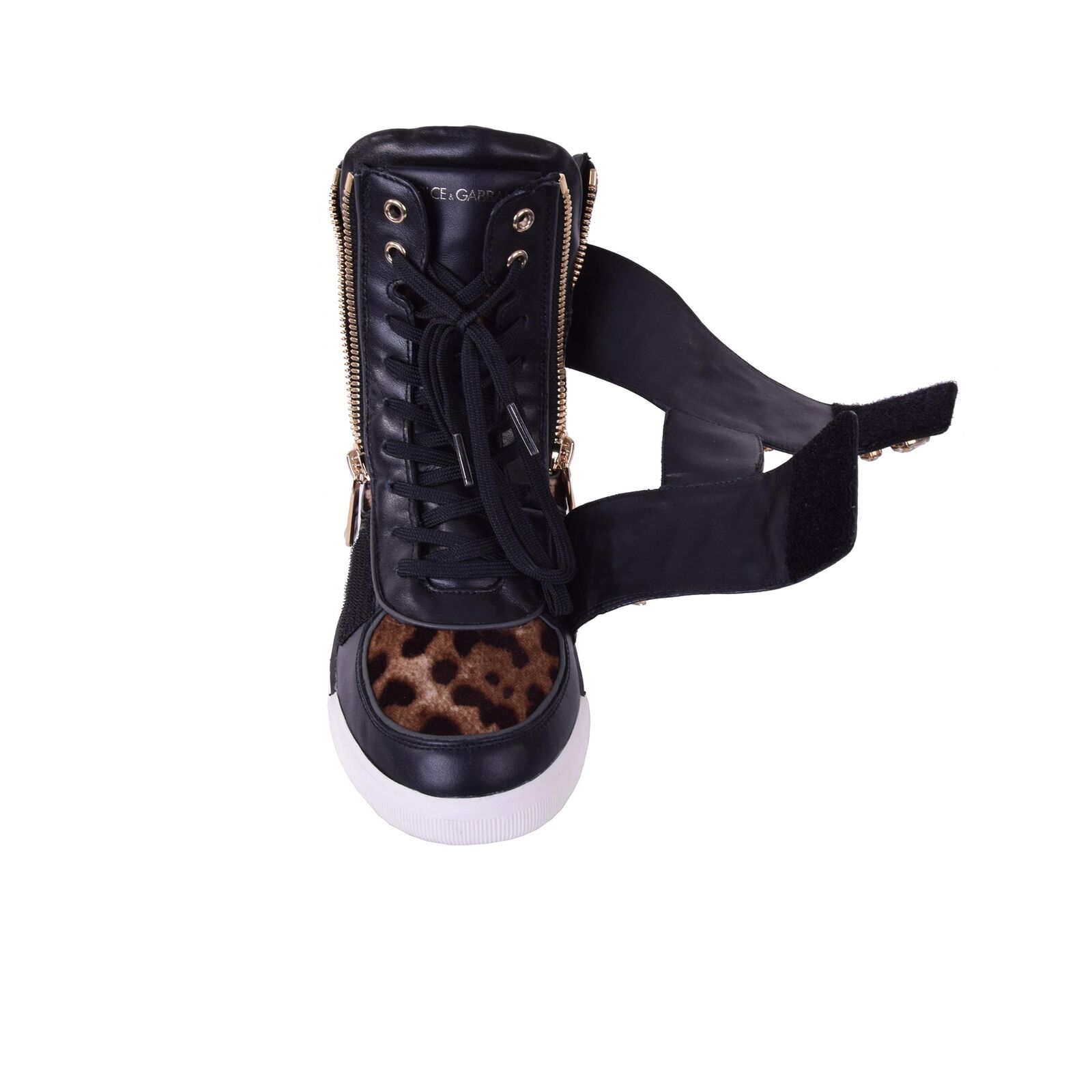 DOLCE & GABBANA Crystals Leopard High-Top Zip Sneakers Shoes Black 05875 DOLCE & GABBANA Crystals Leopard High-Top Zip Sneakers Shoes Black 05875