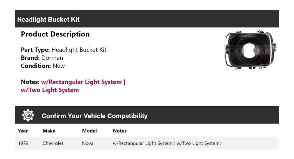 Kit de canastilla de faros para Chevrolet Nova Dorman 1979 Foto 2 de 4