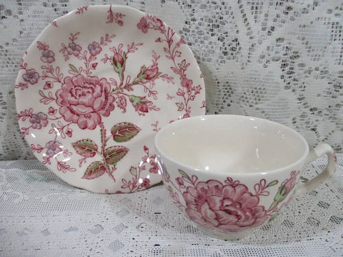 Johnson Brothers Rose Chintz Pink Tea Cup & Tea Saucer Made In England Excellent