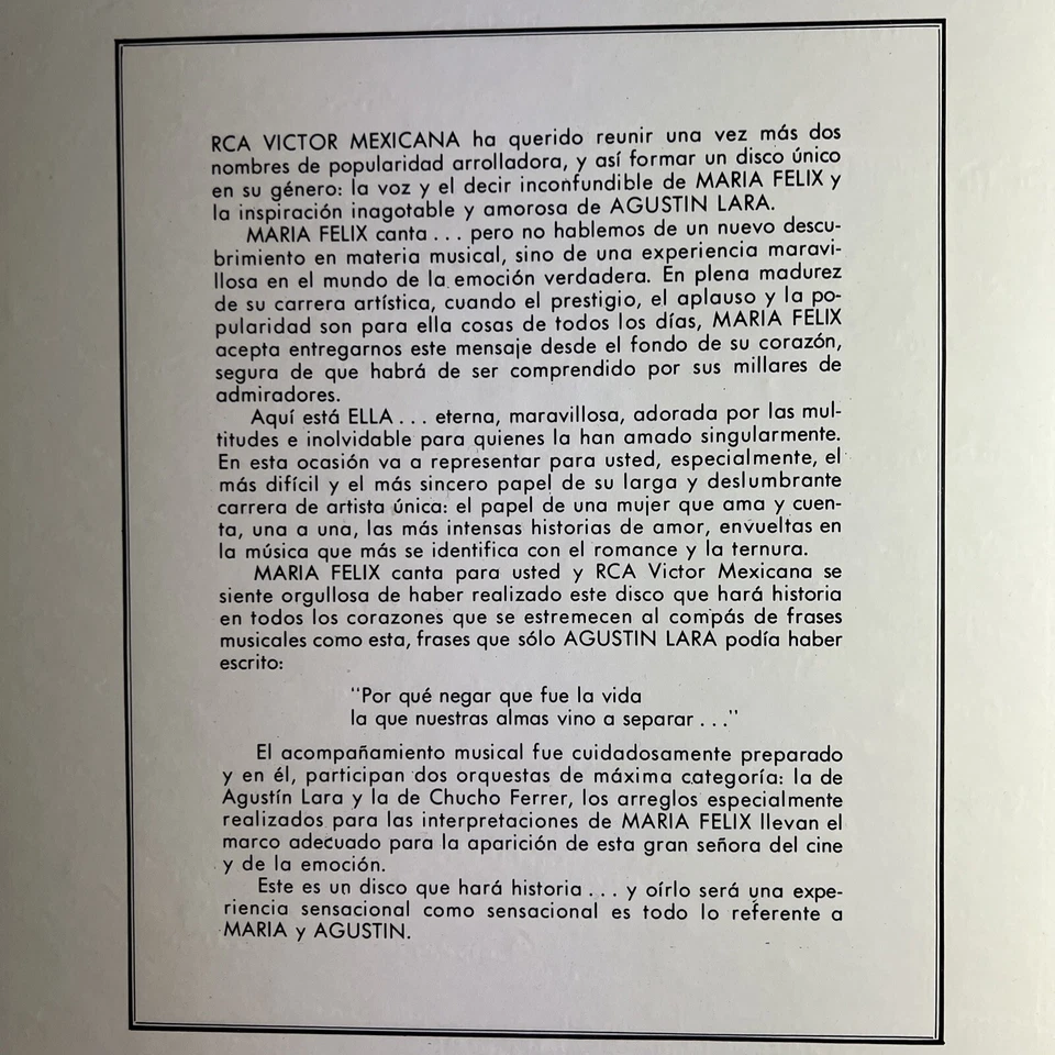 Maria Felix- La Voz De Maria Y La Inspiracion De Agustin • Latin Bolero Vinyl - Image 4 of 4