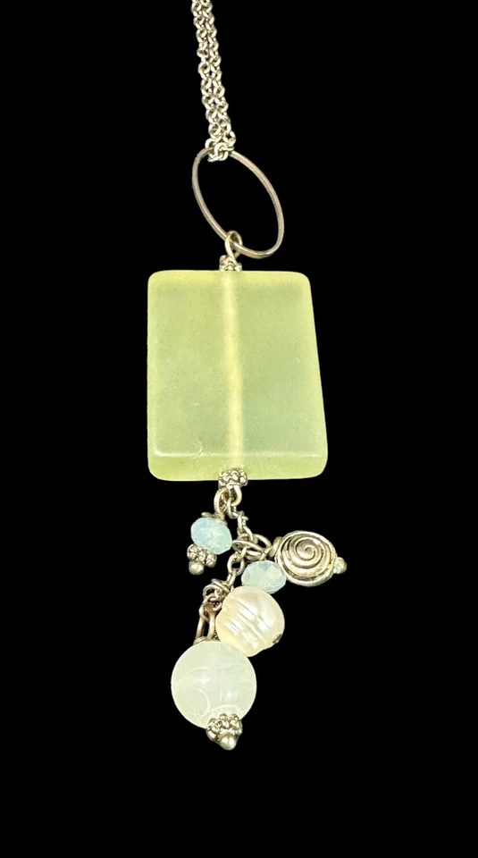 Collar Artesanal Placa de Plata Tallada Jade Perla Cristal Cuentas Modernista Foto 3 de 4