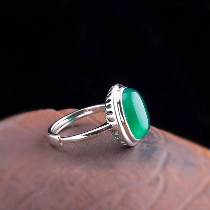 I03 Anello Ovale Verde Calcedonio Argento Sterling 925 Misura Regolabile - Immagine 3 di 4