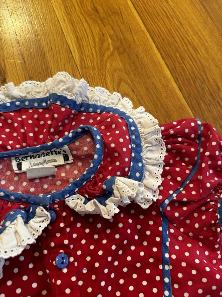 Vintage Bernadette’s Biscotti Girl’s Red Blue Polka dot Lace Romper One Piece 4T - Image 3 of 4
